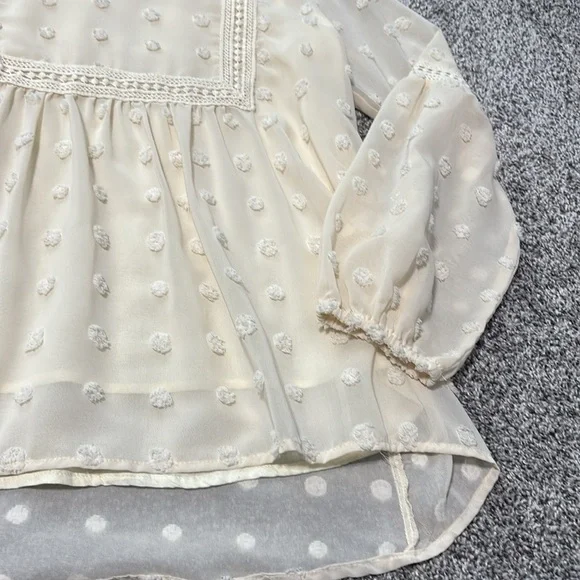 Like New Elegant Cream Swiss Dot Blouse with Lace Detailing - Picture 8 of 11